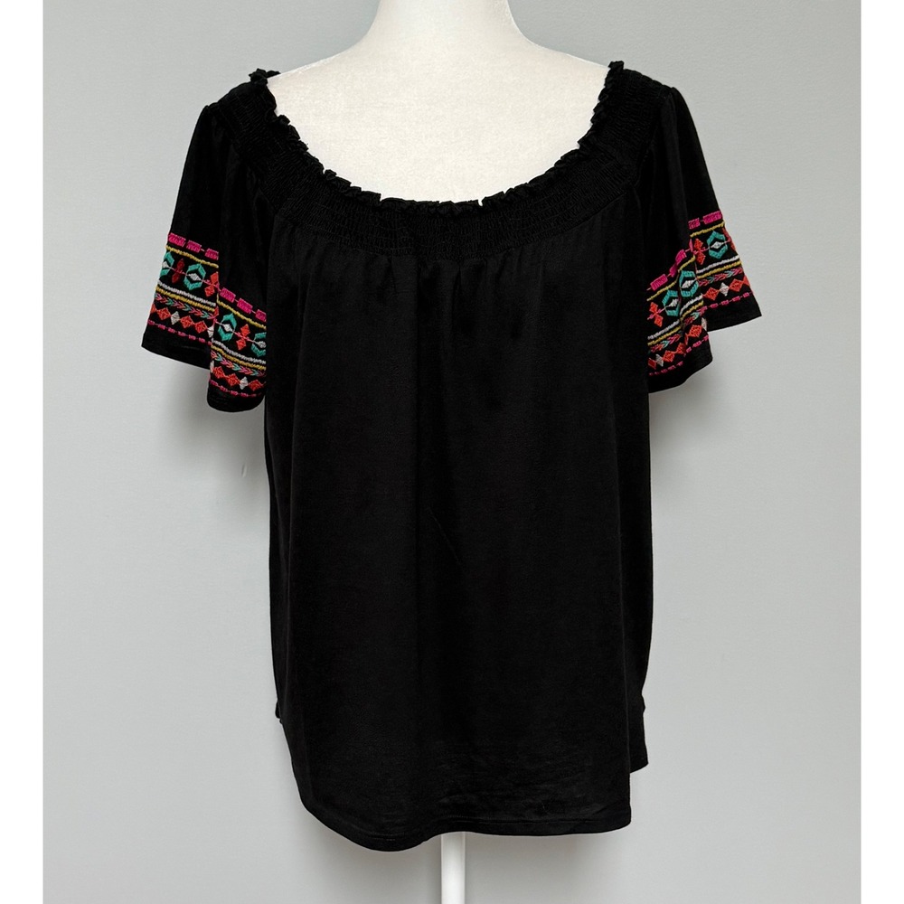 French Laundry Embroidered Peasant Top XL Short Sleeve Black Smocked Neck Blouse